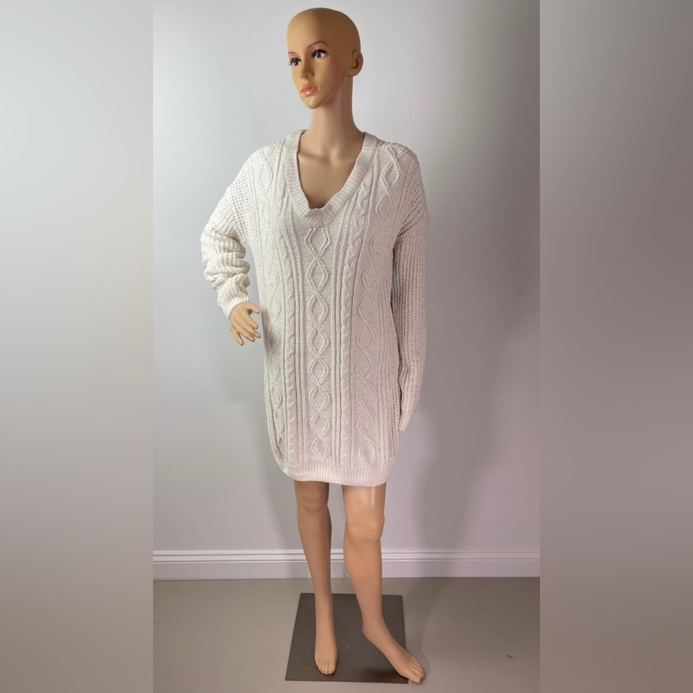 V-Neck Knit Solid Color Sweater Dress
